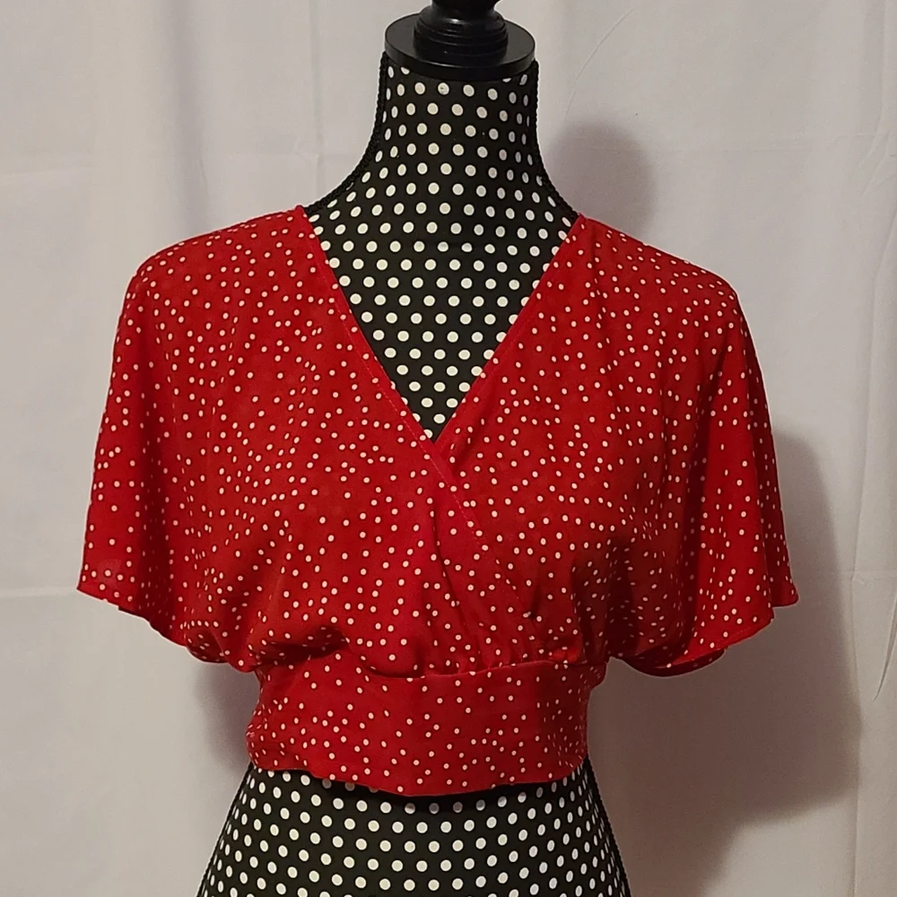 Shein Polka Dot Tie Around Overlay Top Red And White